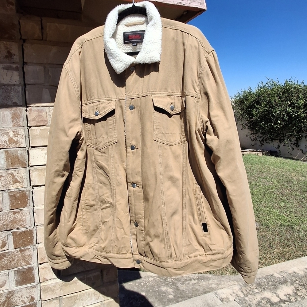 Rock & Roll Khaki Denim Sherpa Lined Trucker Jacket Men Size XXL - Picture 6 of 16